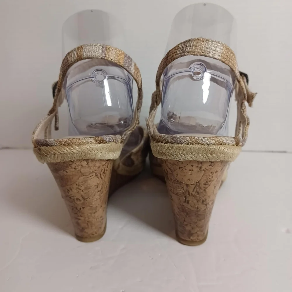 Rialto Cork Wedge Slingback Knitted Pink/Brown Plaid Bow Accent Open Toe Sz‎ 9